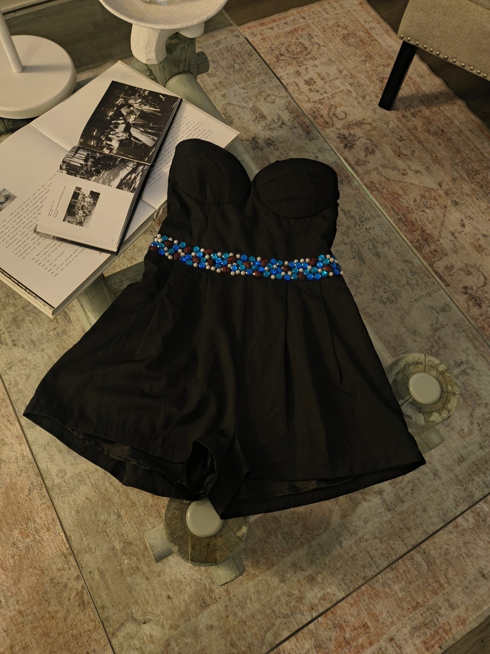 Strapless Black Romper with Blue Beaded Waist